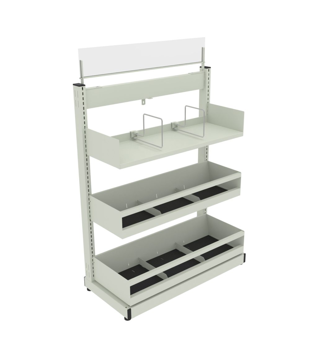 single-faced 2-row browsing bins + 1-row flat shelf