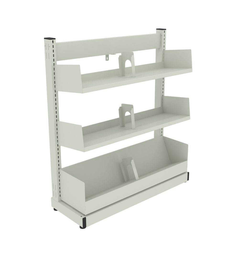 single-faced 3-row shelving with sloping base shelf